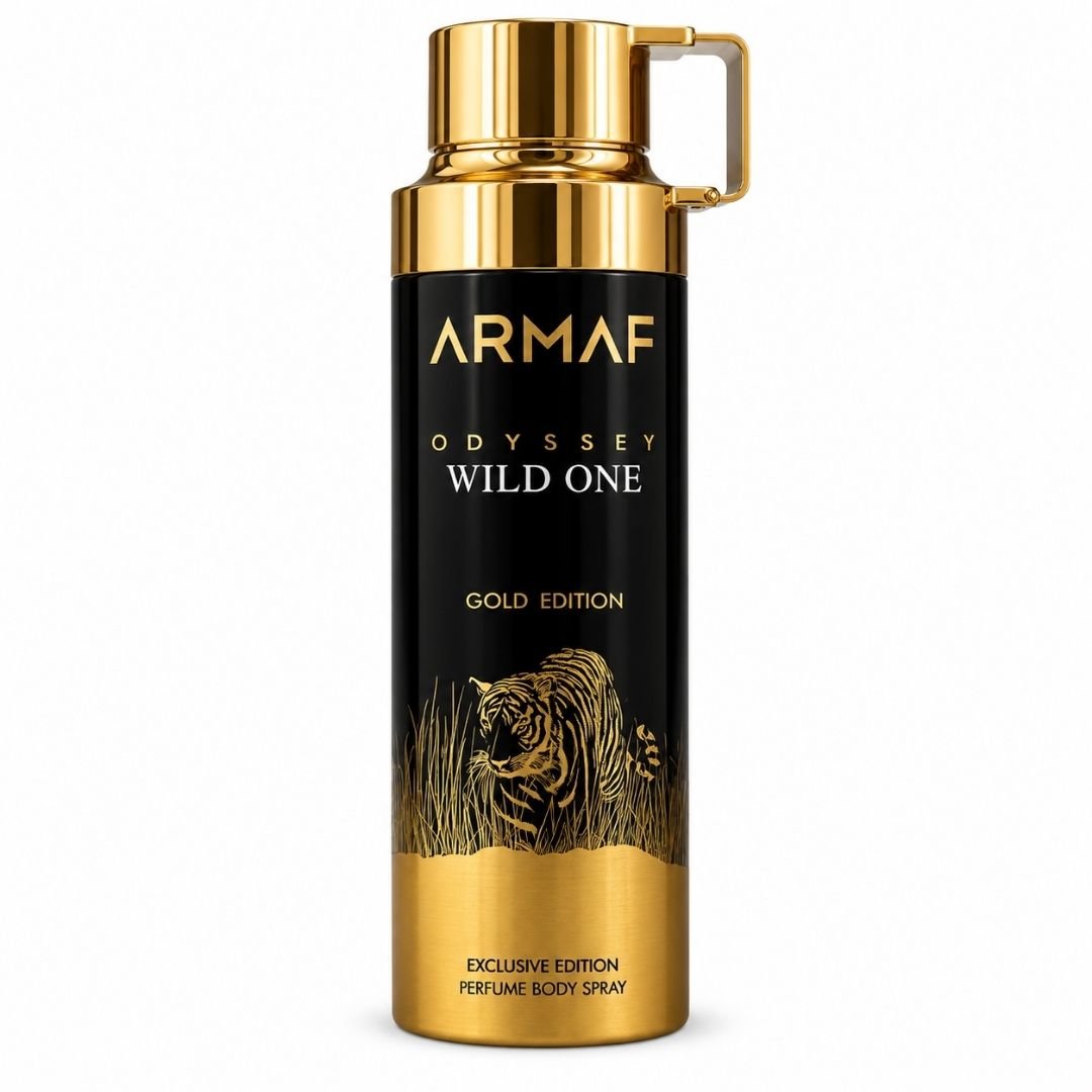 Armaf Odyssey Wild One Gold Edition 200ml black and gold body spray can for men